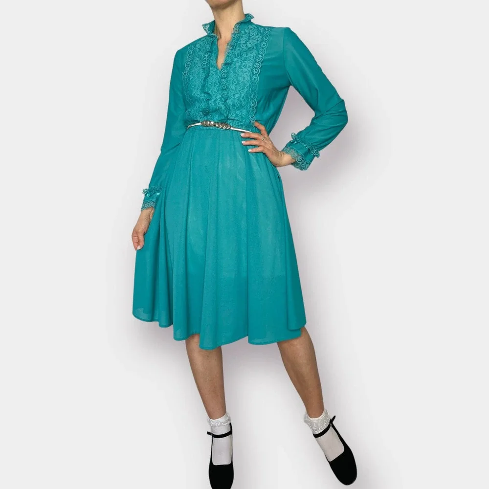 80s Jane Baar Teal Day‎ Dress with Lace Trim